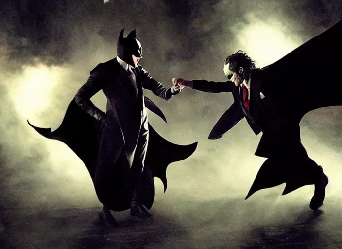 Image similar to Batman and Joker dance together，atmospheric lighting, masterpiece, award winning painting by Emmanuel Lubezki