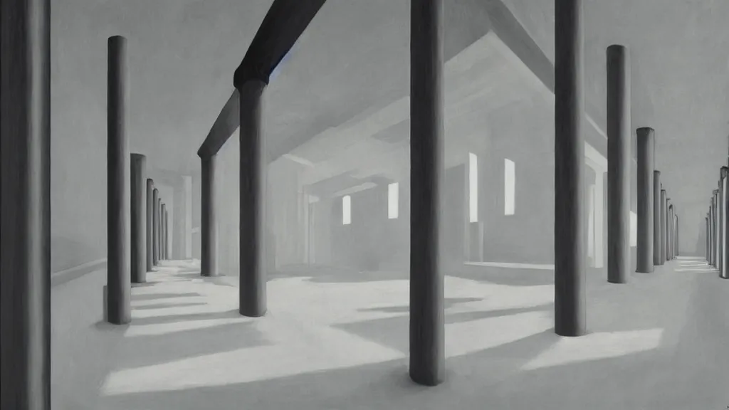 Image similar to minimalist industrial interior hallway with monolithic pillars in the style of ridley scott and stanley kubrick, impossible architecture, ultra view angle view, realistic detailed painting by edward hopper