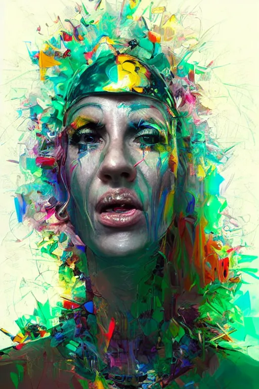 Image similar to portrait, headshot, digital painting, an delightfully crazy, wholesome techno - shaman lady, vr headset, psychodelic, synthwave, glitch, fracture, realistic, hyperdetailed, chiaroscuro, concept art, art by john berkey