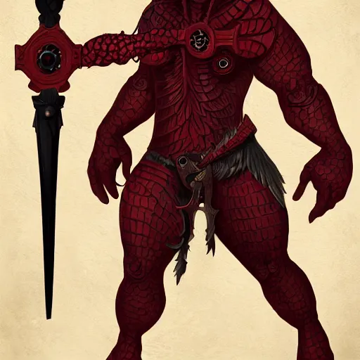 Prompt: a red scaly warrior with a cross for eyes, Character design, concept art