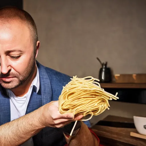 Image similar to joe bastianich eating spaghetti from his nose