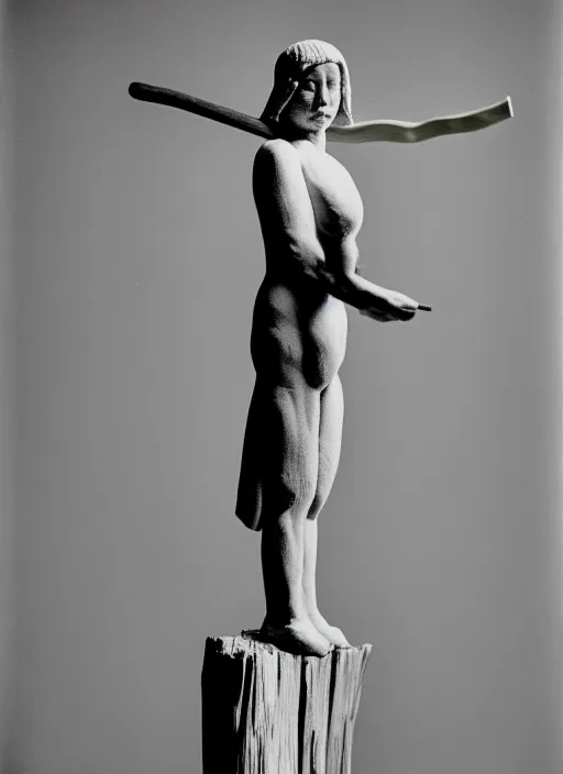 Image similar to realistic photo of a sculpture model of white cloud, standing on a wooden stick, front view 1 9 9 0, life magazine reportage photo, metropolitan museum photo