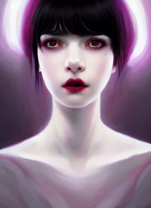 Image similar to portrait of teenage girl, red irises, red eyes, black hair, white bangs, purple clothes, white bangs, bangs, black hair and white bangs, intricate, elegant, glowing lights, highly detailed, digital painting, artstation, concept art, smooth, sharp focus, illustration, art by wlop, mars ravelo and greg rutkowski