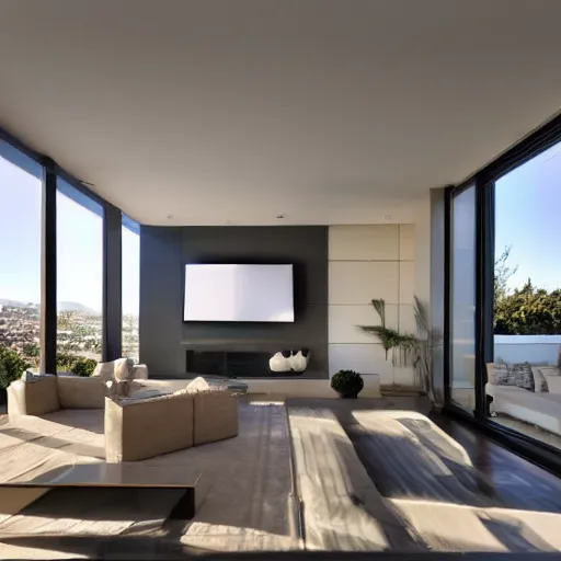 Image similar to a modern villa living room in los angeles, hyper - realistic