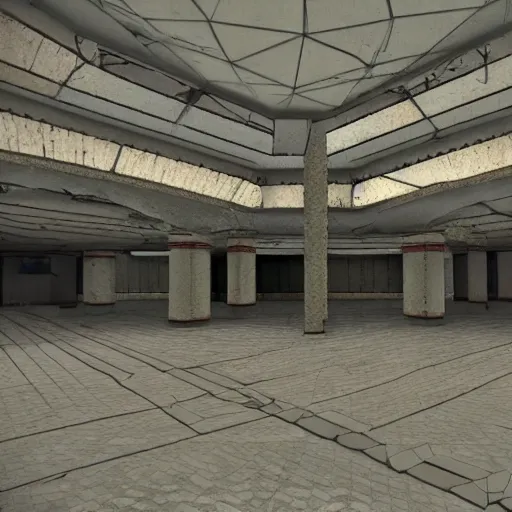 Image similar to huge abandoned mall in the style of the game myst, low poly 1 9 9 0 s pc graphics