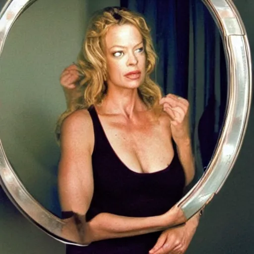 Image similar to Jeri Ryan posing in front of a mirror, admiring her own reflection