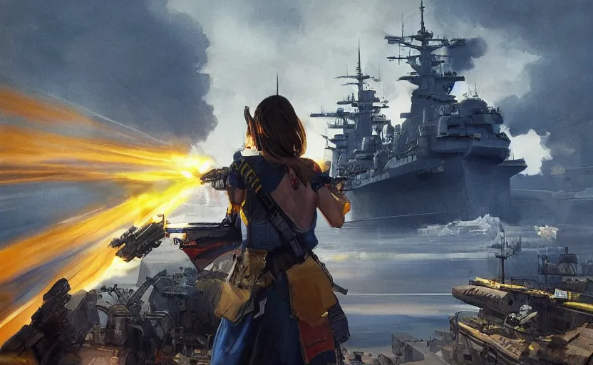 Prompt: view from behind of a girl in national clothes with blue and yellow stripes in her hair and huge gun in her hands standing against a huge warship and she is ready to fight, concept art, highly detailed, smooth, sharp focus, illustration, art by Greg Rutkowski, trending on Artstation