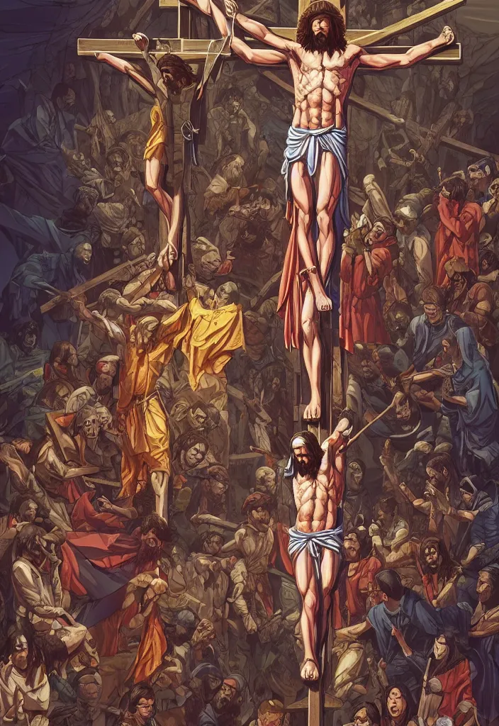 Prompt: comic book panel of the crucifixion of christ by dan mumford, yusuke murata, makoto shinkai, ross tran, intricate detail, cinematic, 8 k, cel shaded, unreal engine, featured on artstation, pixiv