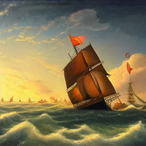 Image similar to ship in the sea, sails, history, wood, oil painting, waves, romanticism, clouds, sunset