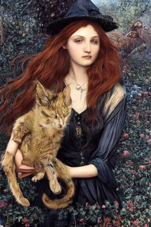 Image similar to An extremely beautiful pre-raphaelite portrait of a cute witch and her cat, surreal, ultradetailed, intricate, elegant, detailed, digital painting, artstation, concept art, smooth, sharp focus, illustration, regal, award winning picture, extremely detailed masterpiece, sense of awe, featured on artstation, Artgerm, effervescent punk kawaii-noir pastel bubbles, winning award piece, ethereal rainbows, Aetherpunk, Exquisite details