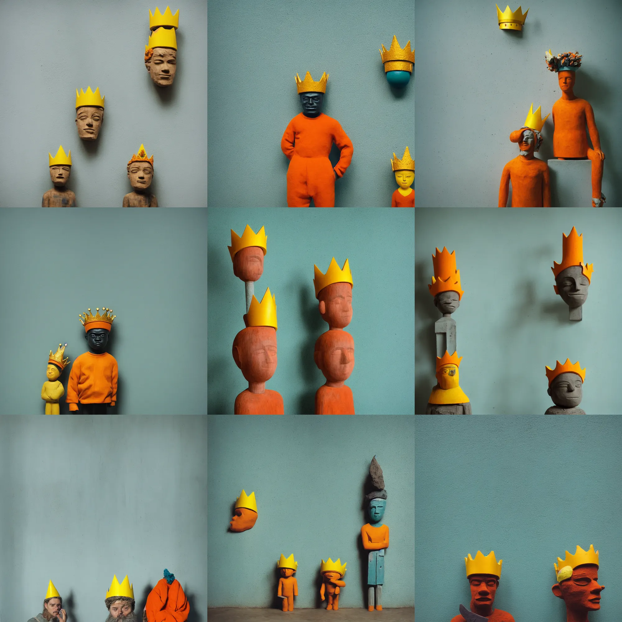 Image similar to kodak portra 4 0 0, 8 k, shot of a highly detailed, britt marling style, colour still - life portrait of a large minimalistic room, rough concrete walls, the rough carved wooden statue of a teal and orange striped little man with a yellow crown on his head, muted colours