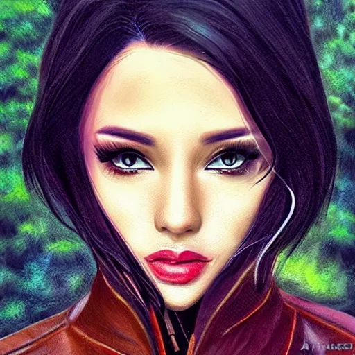 Image similar to woman with black hair and a leather jacket in a beautiful park, art by artgerm