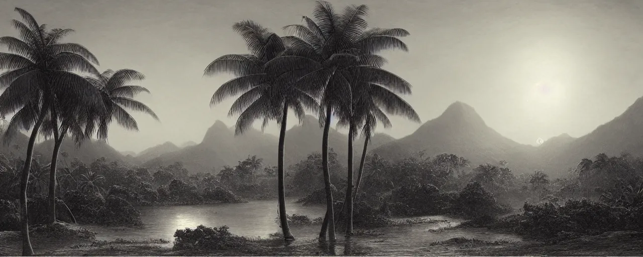 Prompt: oil painting of a sri lankan landscape at sunset, coconut trees in the foreground, mountain sunset in the background, volumetric lighting, volumetric shadows, realistic oil painting by gustave dore, black an white - h 6 4 0,