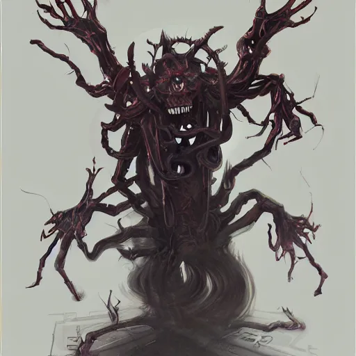 Prompt: illustration of a subraxis, demon of gambling, six spindly arms, wearing dark robes, cube shaped head, cube, stick arms, smiling, evil, gentleman, serene, trending on art station, prim and proper, conniving, very detailed, haunting, fine detail, intricate, peter mohrbacher