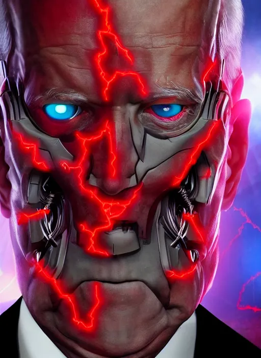 Image similar to hyper realistic ultra realistic cyborg photo Doom furious glowing red eyes biden, high quality photo, detailed , 8k