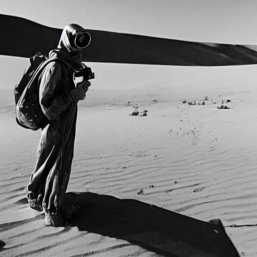 Image similar to a man wearing a hazmat suit and gasmask in desert, arriflex 35, film still, cinematic composition