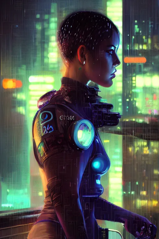 Image similar to portrait futuristic beautiful cyberpunk female police, in heavy rainning futuristic tokyo rooftop cyberpunk night, ssci-fi, fantasy, intricate, very very beautiful, elegant, neon light, highly detailed, digital painting, artstation, concept art, soft light, hdri, smooth, sharp focus, illustration, art by tian zi and craig mullins and WLOP and alphonse mucha