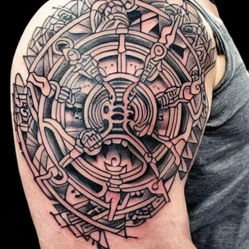 Prompt: intricate japanese mayan yakuza tattoo, geometric dark animal tattoo, tattoo on upper arm