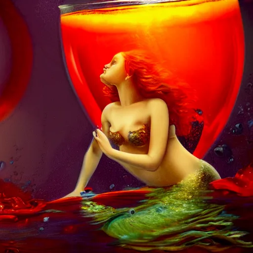 Prompt: a detailed painting of a red - headed mermaid swimming inside a wineglass, dim painterly lighting volumetric aquatics, cinematic lighting, atmospheric lighting, focus, 8 k, detailed.