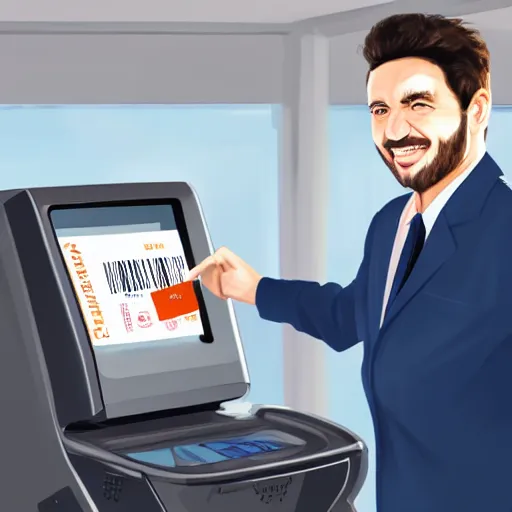 Image similar to hyperrealistic painting image where a happy businessman appears behind a ticket printing machine