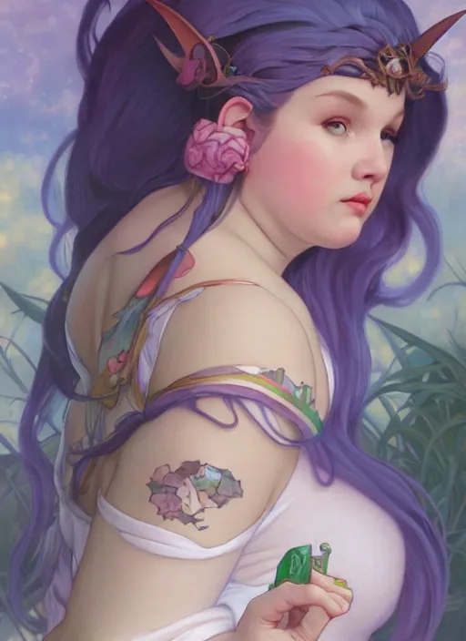 Image similar to a chubby elf woman with pointed ears, wearing a white sundress, rainbow pastel clouds for hair, realistic painting by ross tran and gerald brom and alphonse mucha, artgerm, trending on artstation