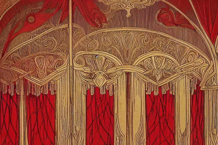 Image similar to symmetrical mural painting from the early 1 9 0 0 s in the style of art nouveau, red curtains, art nouveau design elements, art nouveau ornament, opera house architectural elements, mucha, masonic symbols, masonic lodge, joseph maria olbrich, simple, iconic, masonic art, masterpiece