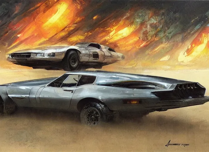 Image similar to ( ( ( ( ( 1 9 8 2 pontiac trans am, jaguar e - type, car concept art, sci - fi illustration, painting ) ) ) ) ) by vincent di fate and john berkey and blade runner 2 0 4 9 and mad max fury road!!!!!!!