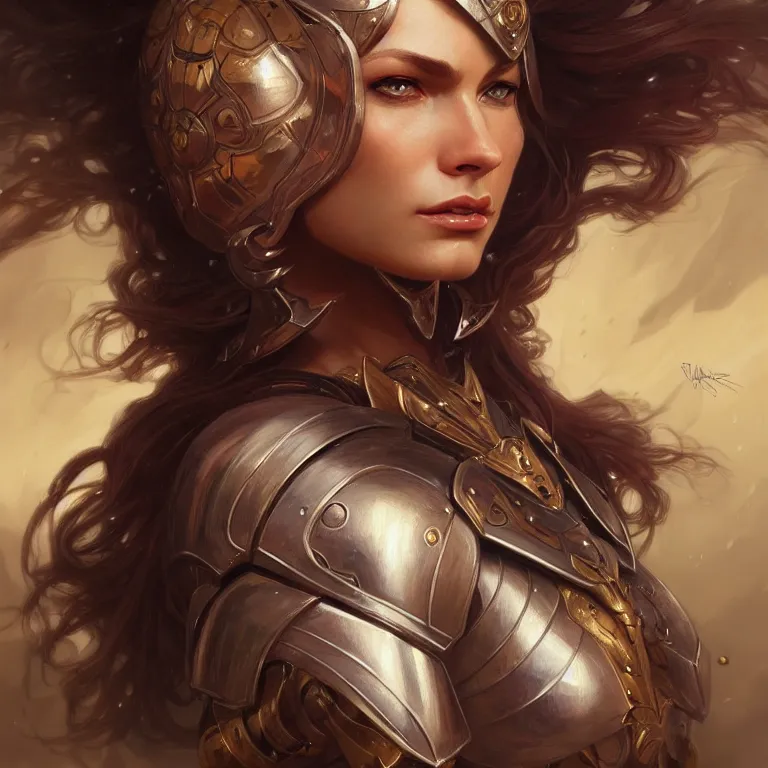 Prompt: Muscular and powerful medieval knight woman portrait, sci-fi, amber eyes, face, long hair, fantasy, intricate, elegant, highly detailed, digital painting, artstation, concept art, smooth, sharp focus, illustration, art by artgerm and greg rutkowski and alphonse mucha