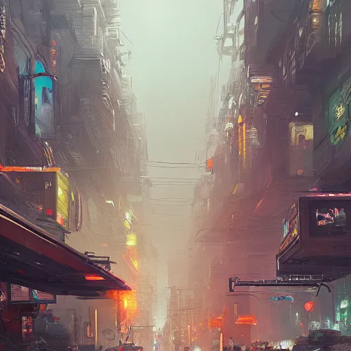 Prompt: very detailed masterpiece painting of a busy cyberpunk city street, portrait, artstation, concept art by greg rutkowski