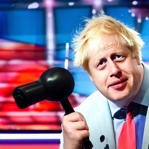 Image similar to boris johnson singing on americas got talent with a microphone | tomatoes and anchors being thrown 4 k photograph