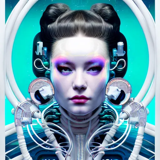 Image similar to high quality, high detailed portrait of a space queen, a cyberpunk character in a retro - futuristic world, white porcelain translucent skin. hyperrealism, intricate details, cables, wires. connectors led. tristan eaton, victo ngai, artgerm, rhads, ross draws, alphonse mucha, pastel colors, vintage, artstation, vector gradient. 8 k