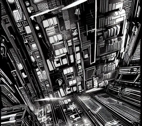 Image similar to a black and white illustration of a cyberpunk epic Friday night firefight in the style of MC Escher, Night City, cyberpunk 2077, 1979 OMNI Magazine Cover, impossible geometry, coherent, street level neo-Tokyo in Cyberpunk 2045, 4k, 8k, HD, trending on artstation