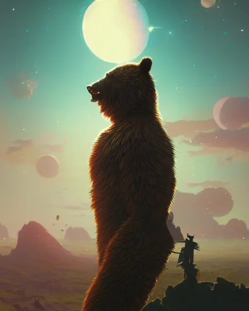 Image similar to highly detailed surreal vfx portrait of a metallic chromatic samurai bear in front of planets filled sky, stephen bliss, unreal engine, greg rutkowski, loish, rhads, beeple, makoto shinkai and lois van baarle, ilya kuvshinov, rossdraws, tom bagshaw, alphonse mucha, global illumination, detailed and intricate environment