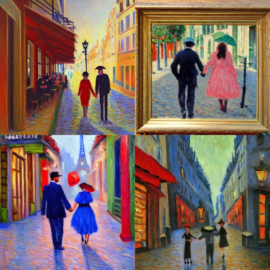 Prompt: Oil painting of a couple holding hands walking in the streets of Paris, in the style of Monet