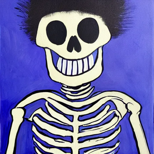 Image similar to smiling skeleton with puffy blue jacket, painting