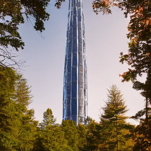 Prompt: a huge futuristic tower in the middle of a calm forest