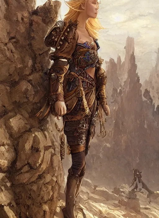 Prompt: highly detailed steampunk armor on a blond who is standing on a rock : greg rutkowski, magali villeneuve