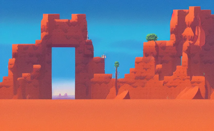 Prompt: a cell - shaded studio ghibli concept art study of a square dimensional portal doorway in monument valley. water is flowing out of the portal. very dull colors, hd, 4 k, hq