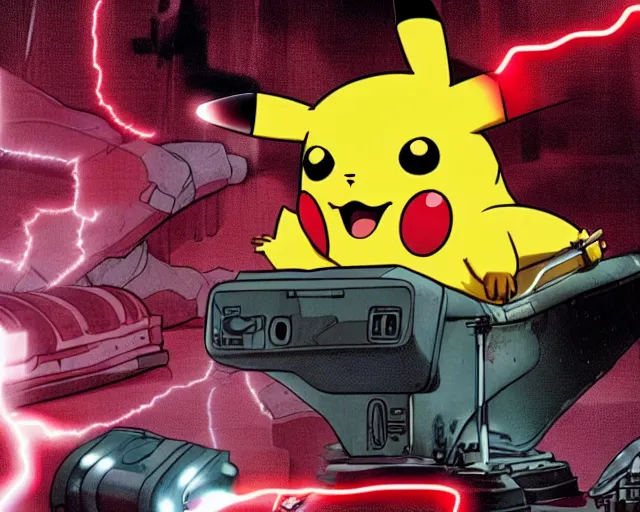 Image similar to Terminator pikachu, scene where his endoskelet gets exposed his eye glows red