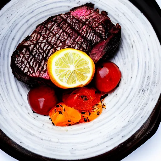 Image similar to a steak in a bowl of water, food photography gourmet, trendy food, macro photography high contrast