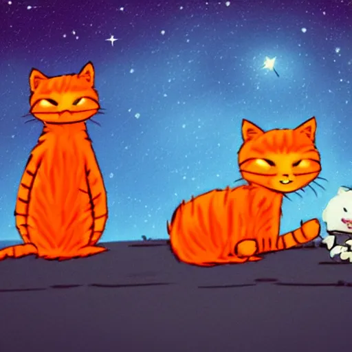 Image similar to A fuzzy orange cat sitting on planet earth, space with stars in the background, trending on artstation, 3D animation, in the style of Calvin And Hobbes