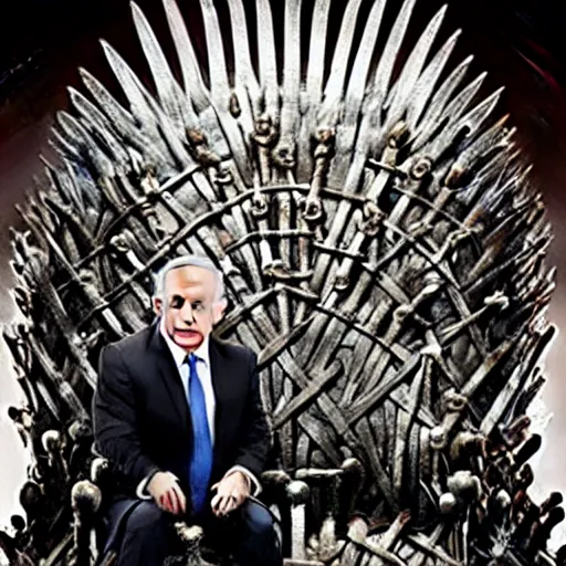 Image similar to “Benjamin Netanyahu sitting on the iron throne, 4k, award winning, realistic, scene from game of thrones”