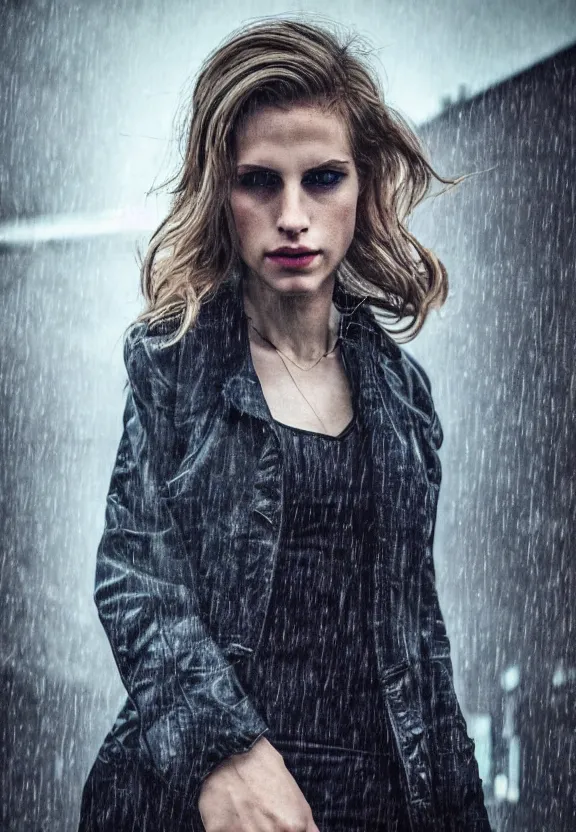 Prompt: cosmopolitan model annie leonhart posing in dunwall city, beautiful face, detailed face, realistic eyes, cinematic lighting, rainy weather, melancholy atmosphere, volumetric light, gothic architecture, realistic reflections, model agency, instagram photo, depression atmosphere, shot on sony a 7