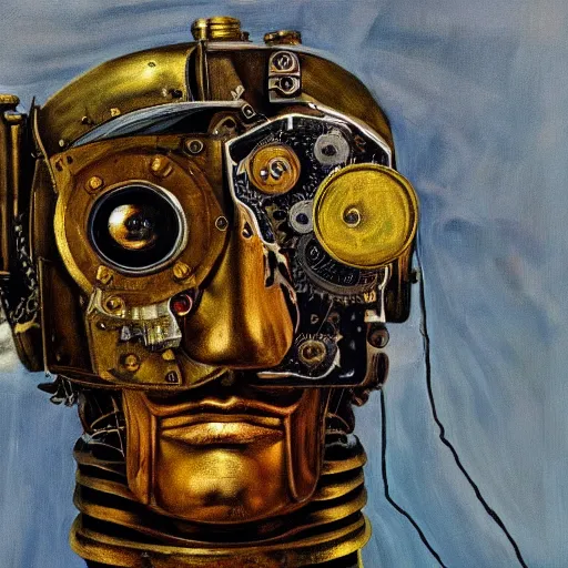 Image similar to high quality high detail painting by lucian freud, hd, portrait of scifi robot, steampunk