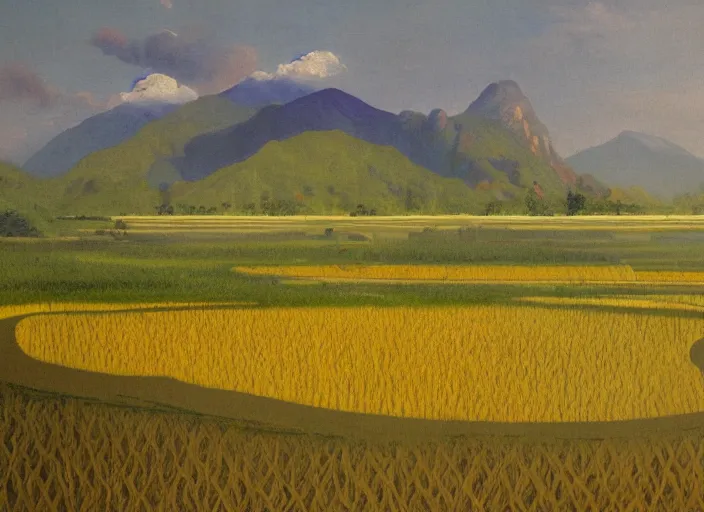 Prompt: painting of a rice paddy with two big mountains in the background, an asphalt road in the middle of paddy, big yellow sun rising between the mountain, old master masterpiece