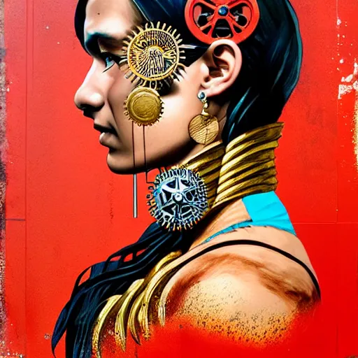 Image similar to portrait of chitral woman :: side profile :: in ocean :: clockwork details :: gold :: blood and horror :: by marvel and Sandra Chevrier