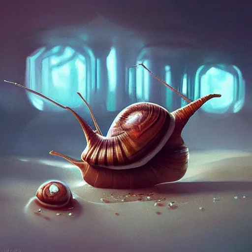 Image similar to A snail watching everything slowly decay while the time slowly reaches it's end, digital art, surreal, WLOP, artstation, surrealism, Mandy Jurgens