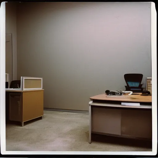 Image similar to a polaroid photo a of an abandoned and rather lonely office workspace, completely empty, desolate and devoid atmosphere, faint string lights hung on the wall can be seen, shot with portra 400