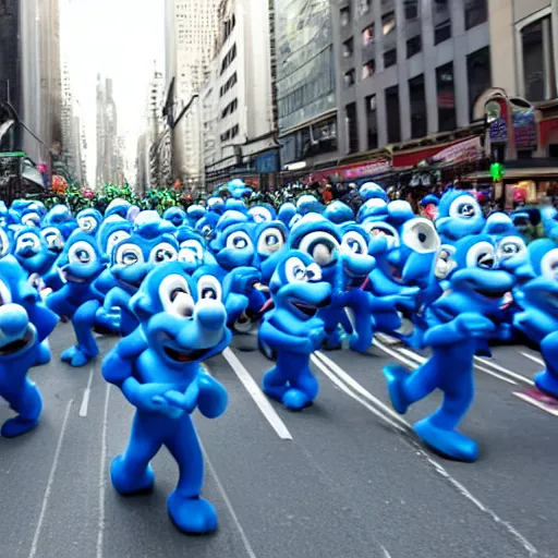 Image similar to a parade of stuffed smurfs marching down 5 th ave manhattan on st. patrick's day, 8 k, photo realistic, extremely life like