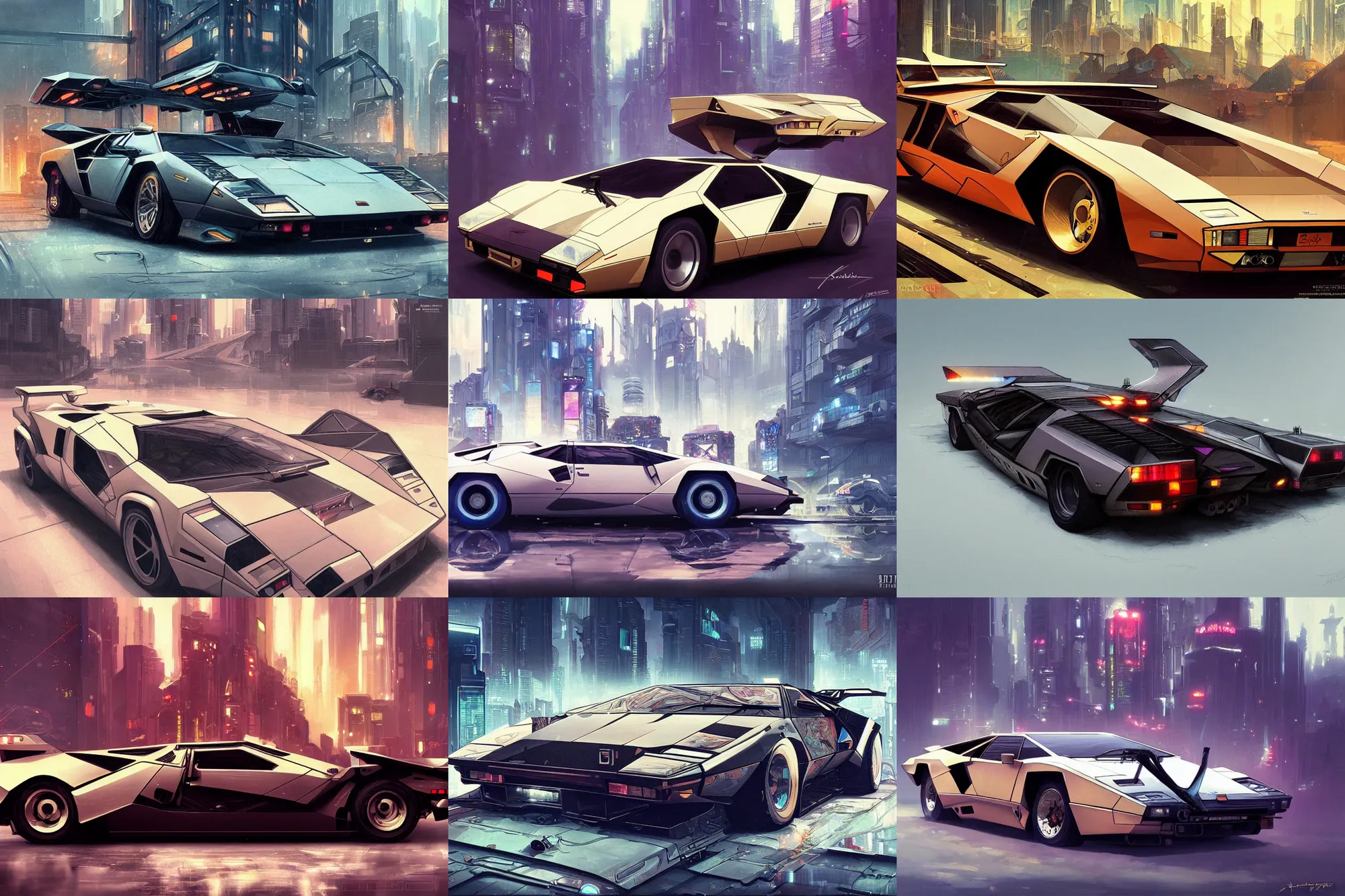 Prompt: luxury cyberpunk countach, highly detailed, digital painting, artstation, concept art, sharp focus, illustration, art by artgerm and greg rutkowski and alphonse mucha